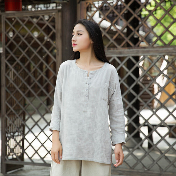 Women Simple Top Buckle Linen and Cotton Long Sleeve Loose T-shirt