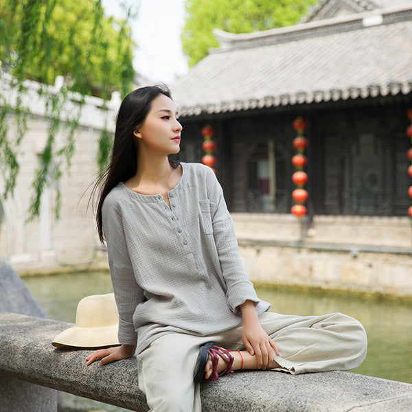 Women Simple Top Buckle Linen and Cotton Long Sleeve Loose T-shirt