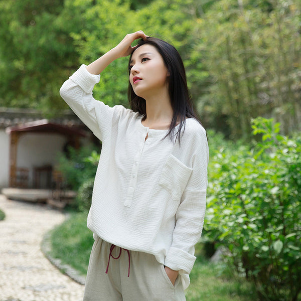 Women Simple Top Buckle Linen and Cotton Long Sleeve Loose T-shirt