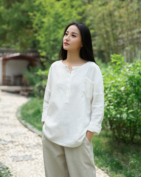 Women Simple Top Buckle Linen and Cotton Long Sleeve Loose T-shirt