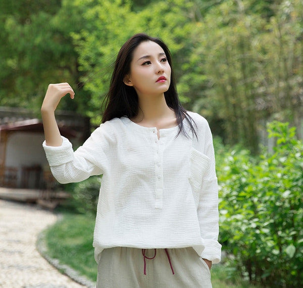 Women Simple Top Buckle Linen and Cotton Long Sleeve Loose T-shirt