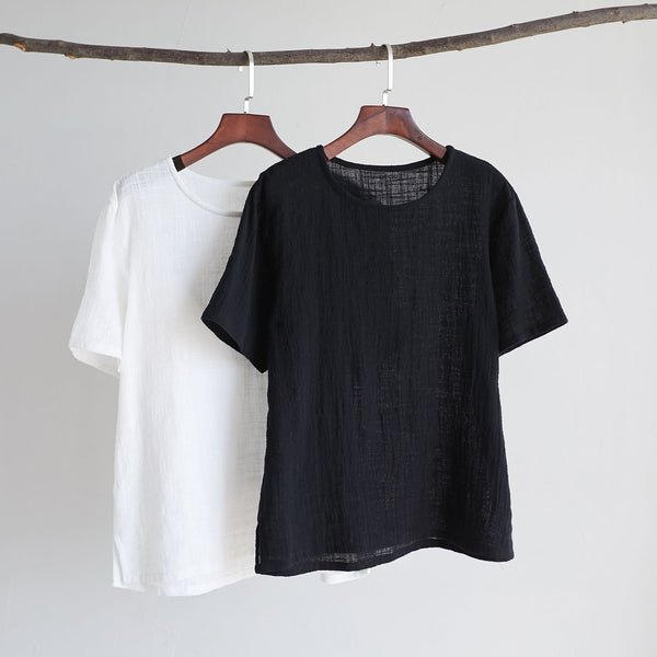 Men Pure Color Thin Wrinkled Linen and Cotton T-shirt