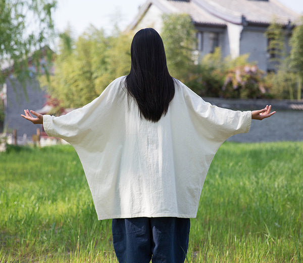 Women Retro Chinese Kung Fu Style Linen and Cotton Long Sleeve Loose Shirt