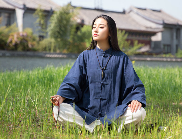 Women Retro Chinese Kung Fu Style Linen and Cotton Long Sleeve Loose Shirt