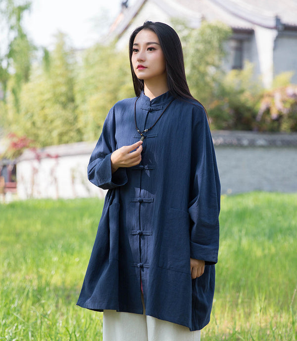 Women Retro Chinese Kung Fu Style Linen and Cotton Long Sleeve Loose Shirt