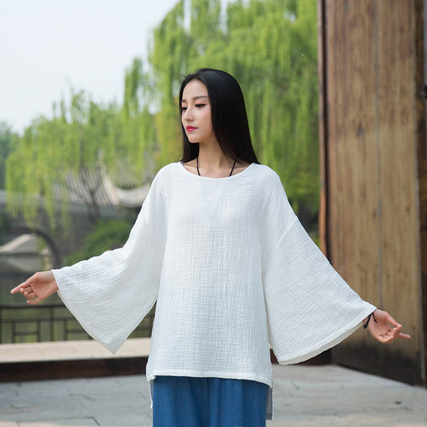 Women Retro Style Linen and Cotton Long Sleeve Loose T-shirt