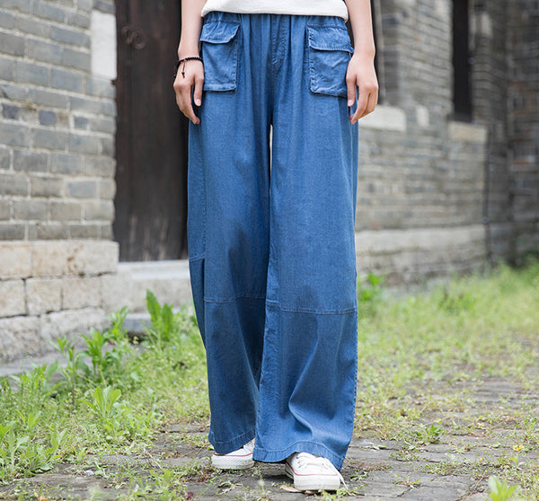 Women Causal Jean Style Cotton Wide Leg Pants