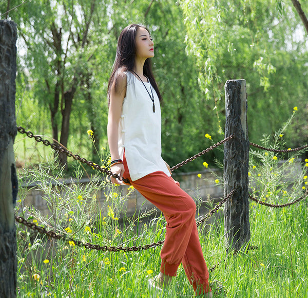 Women Side Buckle Casual Linen and Cotton Tank