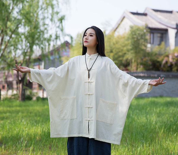 Women Retro Chinese Kung Fu Style Linen and Cotton Long Sleeve Loose Shirt