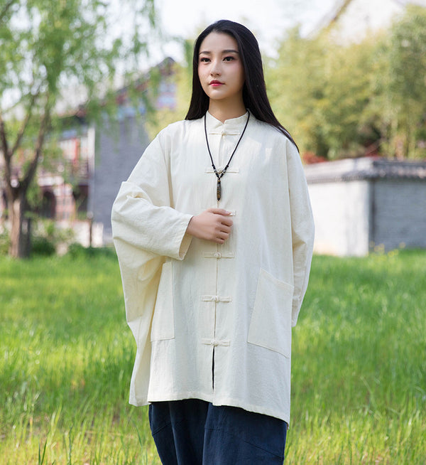 Women Retro Chinese Kung Fu Style Linen and Cotton Long Sleeve Loose Shirt
