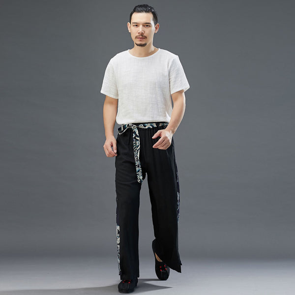 Men Pure Color Thin Wrinkled Linen and Cotton T-shirt