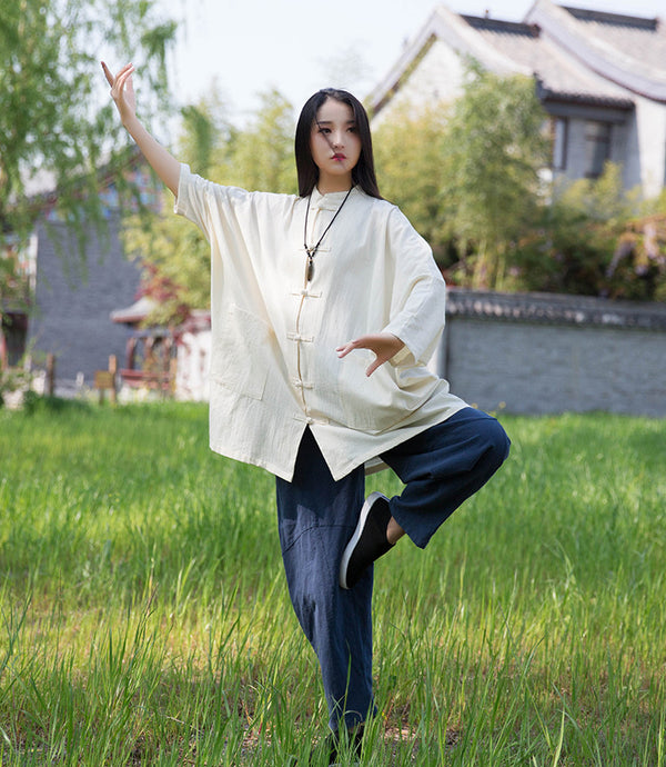 Women Retro Chinese Kung Fu Style Linen and Cotton Long Sleeve Loose Shirt