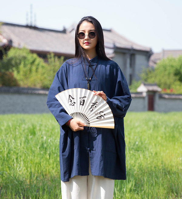 Women Retro Chinese Kung Fu Style Linen and Cotton Long Sleeve Loose Shirt