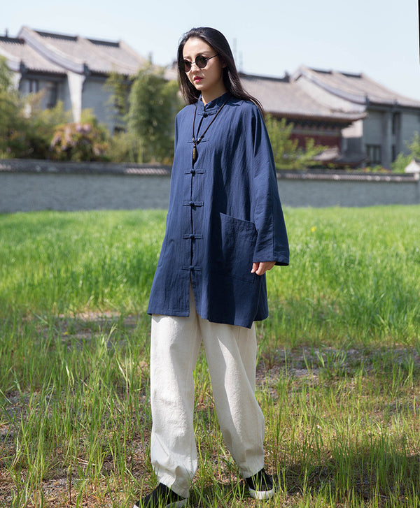 Women Retro Chinese Kung Fu Style Linen and Cotton Long Sleeve Loose Shirt