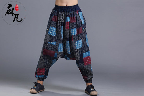 Men Casual Loose Cotton and Linen Printed Hanging Crotch Dancing Pants