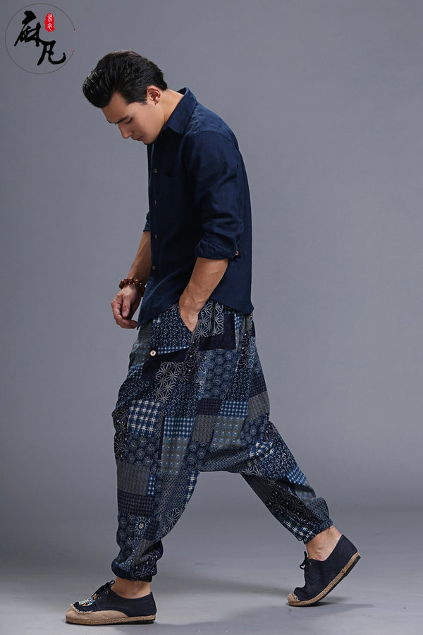 Men Casual Loose Cotton and Linen Printed Hanging Crotch Dancing Pants