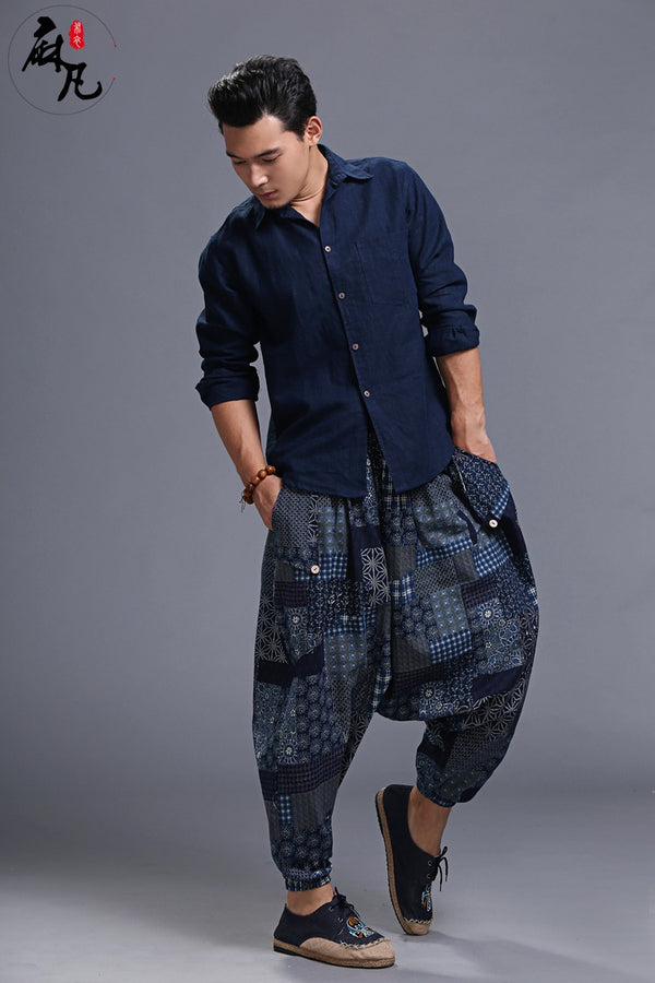 Men Casual Loose Cotton and Linen Printed Hanging Crotch Dancing Pants