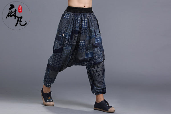 Men Casual Loose Cotton and Linen Printed Hanging Crotch Dancing Pants