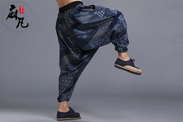 Men Casual Loose Cotton and Linen Printed Hanging Crotch Dancing Pants