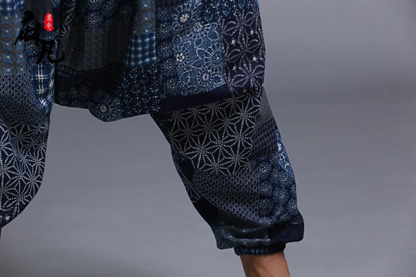 Men Casual Loose Cotton and Linen Printed Hanging Crotch Dancing Pants