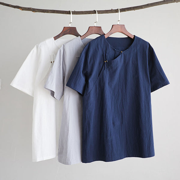 Men Retro Zen Style Linen and Cotton Right Buckle Short Sleeve T-shirt