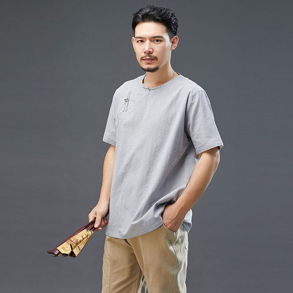 Men Retro Zen Style Linen and Cotton Right Buckle Short Sleeve T-shirt