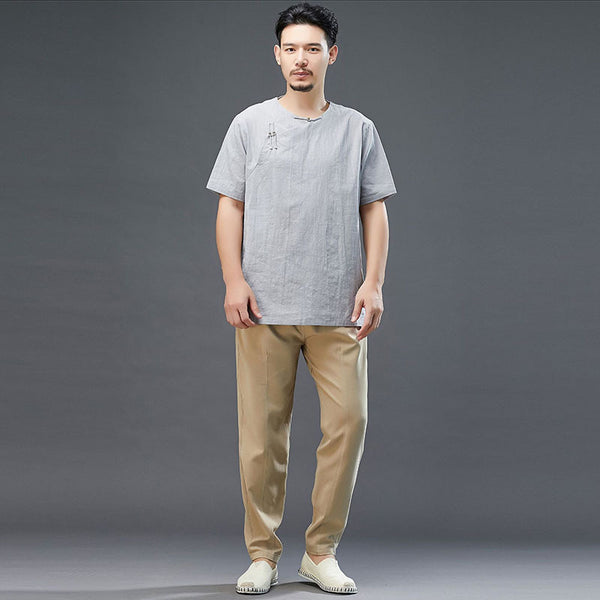 Men Retro Zen Style Linen and Cotton Right Buckle Short Sleeve T-shirt