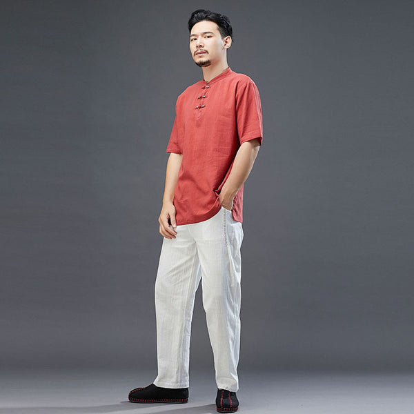 Men Modern Aisian Style Linen and Cotton Round Necked Short Sleeve T-shirt