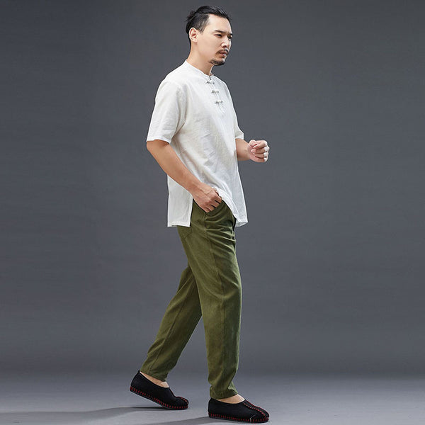 Men Modern Aisian Style Linen and Cotton Round Necked Short Sleeve T-shirt