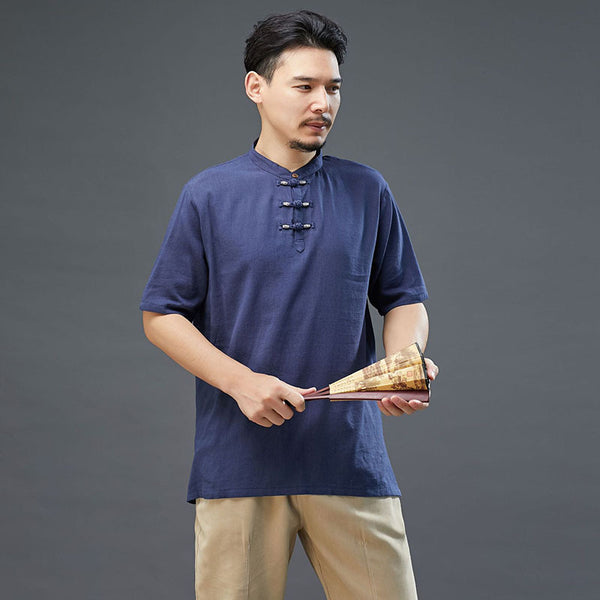 Men Modern Aisian Style Linen and Cotton Round Necked Short Sleeve T-shirt