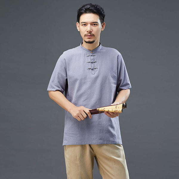 Men Modern Aisian Style Linen and Cotton Round Necked Short Sleeve T-shirt
