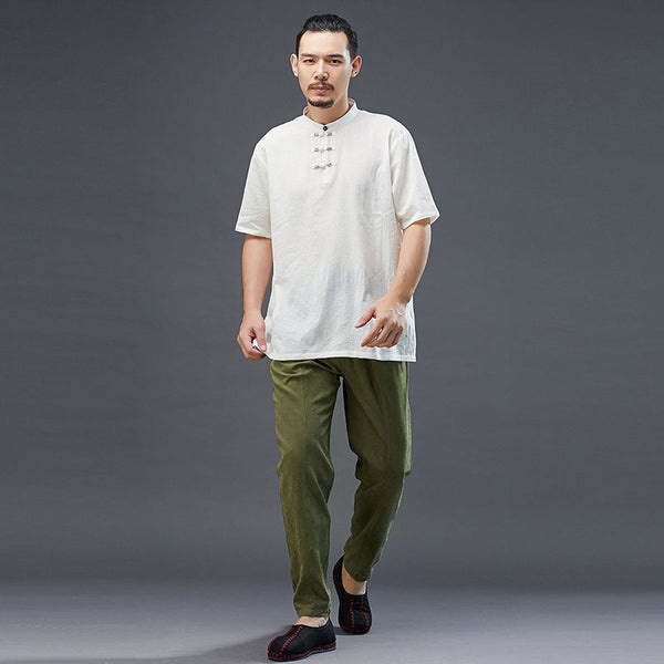 Men Modern Aisian Style Linen and Cotton Round Necked Short Sleeve T-shirt