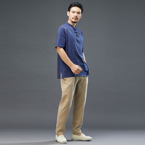 Men Modern Aisian Style Linen and Cotton Round Necked Short Sleeve T-shirt