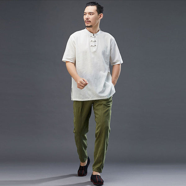 Men Modern Aisian Style Linen and Cotton Round Necked Short Sleeve T-shirt