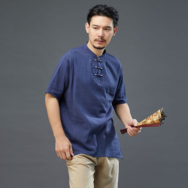 Men Modern Aisian Style Linen and Cotton Round Necked Short Sleeve T-shirt
