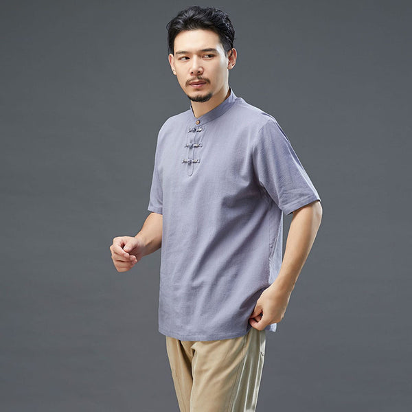Men Modern Aisian Style Linen and Cotton Round Necked Short Sleeve T-shirt