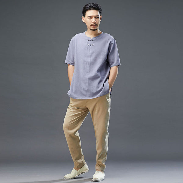 Men Retro Style Linen and Cotton Top Buckle Round Necked Short Sleeve T-shirt