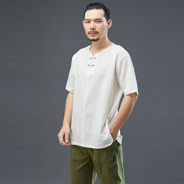 Men Retro Style Linen and Cotton Top Buckle Round Necked Short Sleeve T-shirt