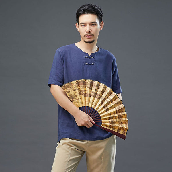 Men Retro Style Linen and Cotton Top Buckle Round Necked Short Sleeve T-shirt