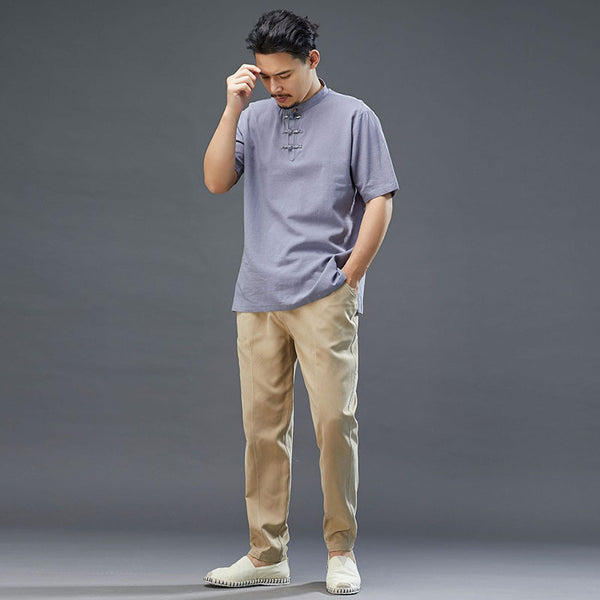 Men Modern Aisian Style Linen and Cotton Round Necked Short Sleeve T-shirt