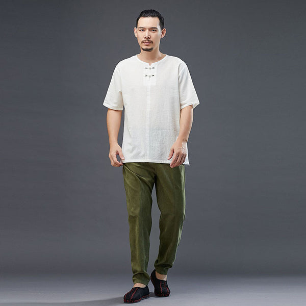 Men Retro Style Linen and Cotton Top Buckle Round Necked Short Sleeve T-shirt