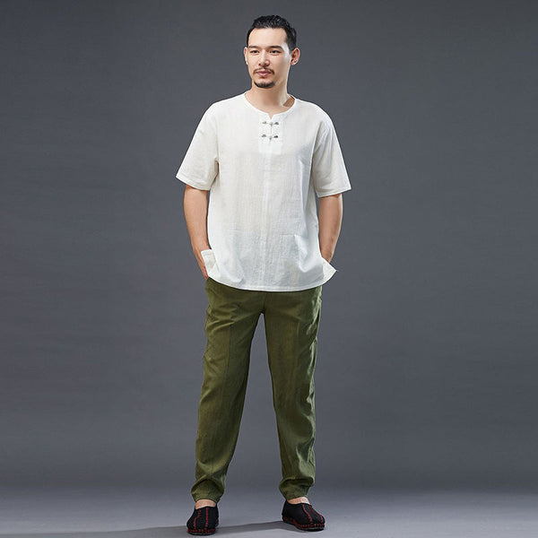 Men Retro Style Linen and Cotton Top Buckle Round Necked Short Sleeve T-shirt