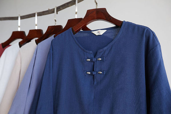 Men Retro Style Linen and Cotton Top Buckle Round Necked Short Sleeve T-shirt