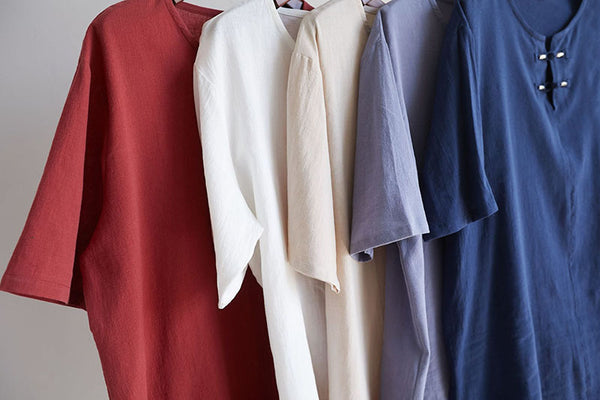 Men Retro Style Linen and Cotton Top Buckle Round Necked Short Sleeve T-shirt