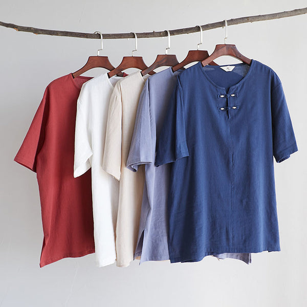 Men Retro Style Linen and Cotton Top Buckle Round Necked Short Sleeve T-shirt
