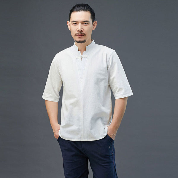 Men Modern Aisian Style Linen and Cotton Top Buckle Short Sleeve T-shirt