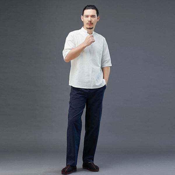 Men Modern Aisian Style Linen and Cotton Top Buckle Short Sleeve T-shirt