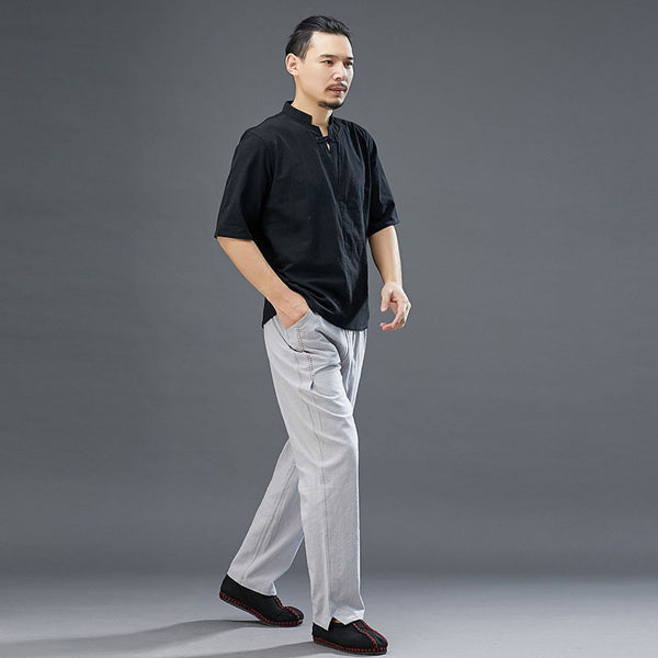 Men Modern Aisian Style Linen and Cotton Top Buckle Short Sleeve T-shirt