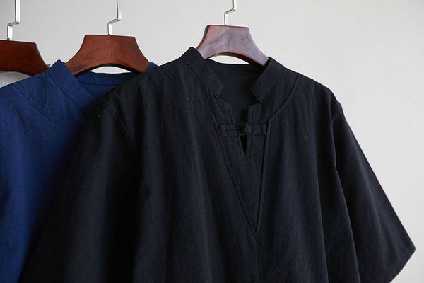 Men Modern Aisian Style Linen and Cotton Top Buckle Short Sleeve T-shirt