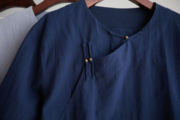 Men Retro Zen Style Linen and Cotton Right Buckle Short Sleeve T-shirt